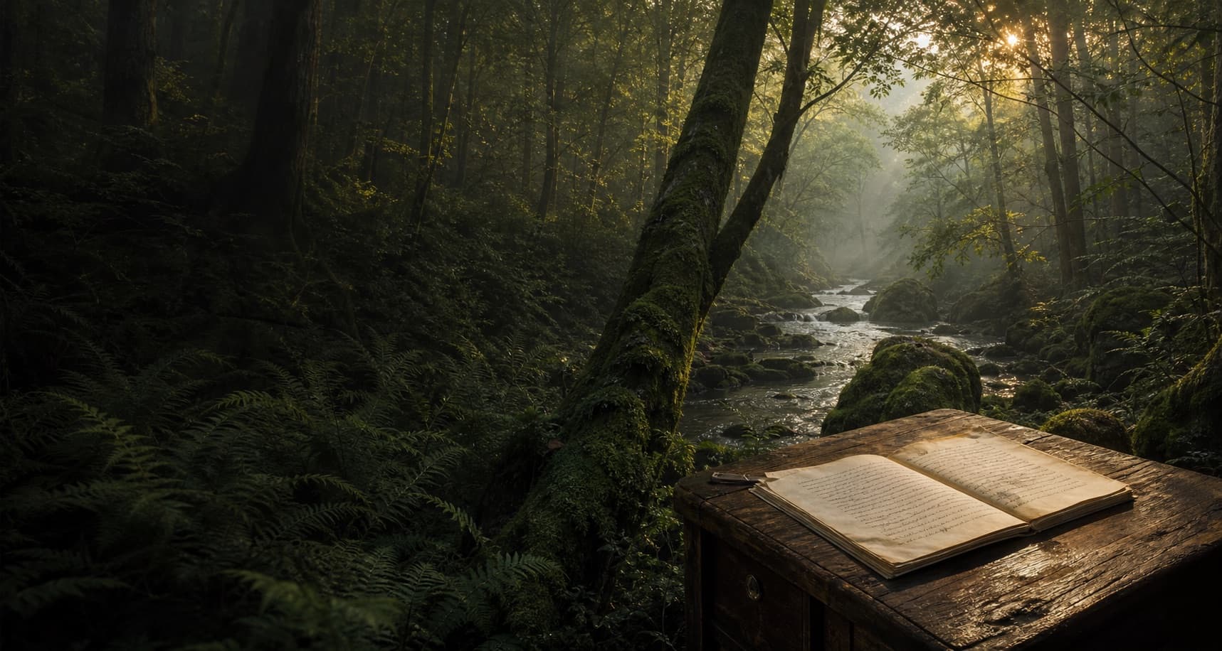 An open manuscript by a green forest river in morning light